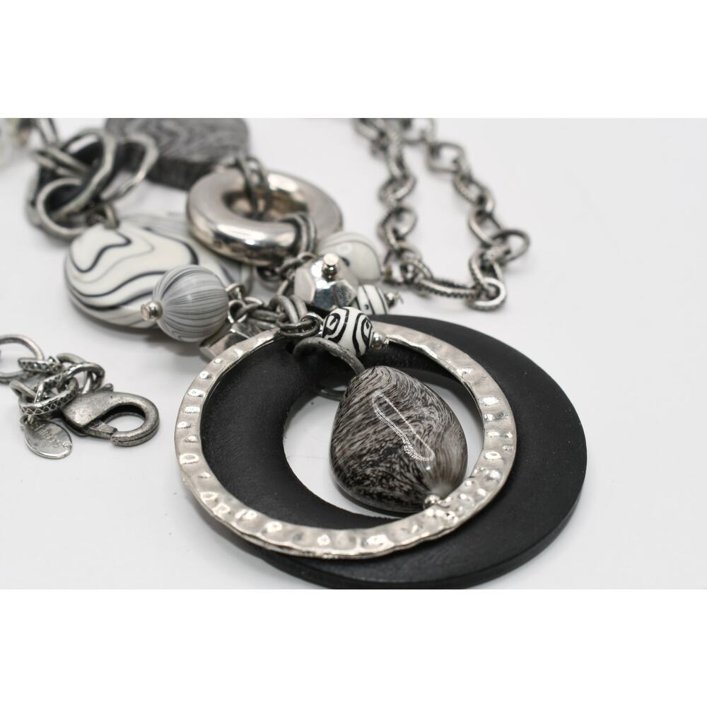 Chico's Statement Necklace Black White Lucite Wood Ring Silver Tone - Picture 11 of 11